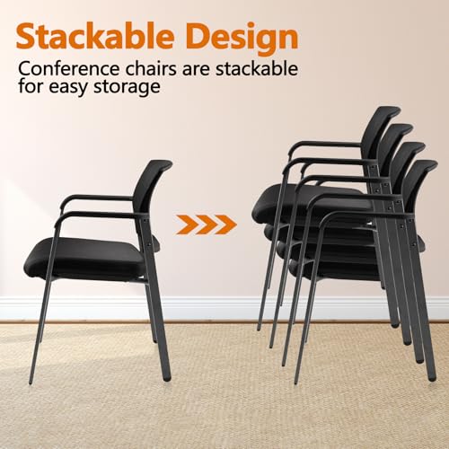CLATINA Mesh Back Stacking Arm Chairs with Upholstered Fabric Seat and Ergonomic Lumber Support for Office School Church Guest Reception Black 4 Pack Set New Version