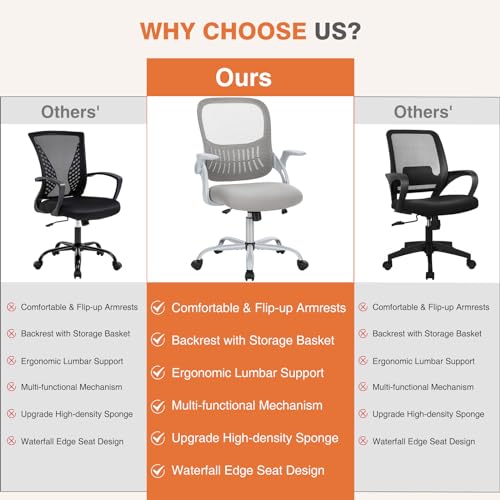 Sweetcrispy Office Computer Desk Chair, Ergonomic Mid-Back Mesh Rolling Work Swivel Task Chairs with Wheels, Comfortable Lumbar Support, Comfy Flip-up Arms for Home, Bedroom, Study, Student, Gray