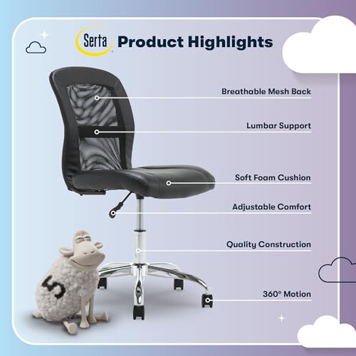 Serta Essential Armless TaskChair, Small Desk Chairs with Wheels, Breathable Mesh Back and Faux Leather, Quality Foam Cushion Seat for Comfort, Minimal Design for Vanity Table, Black