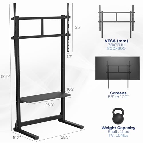 VIVO Heavy Duty 55 to 100 inch TV Floor Stand, Holds up to 154 lbs, Tall Stationary TV Mount with Storage Shelf, Black, STAND-TV100F