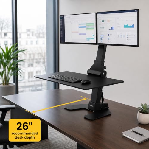 Mount-It! Double Monitor Electric Standing Desk Converter - 2 Screens Stand Up Desk Riser - Height Adjustable Desktop & 2 Mounts for Screens up to 32", Sit-Stand Convertor for Home, Office, School