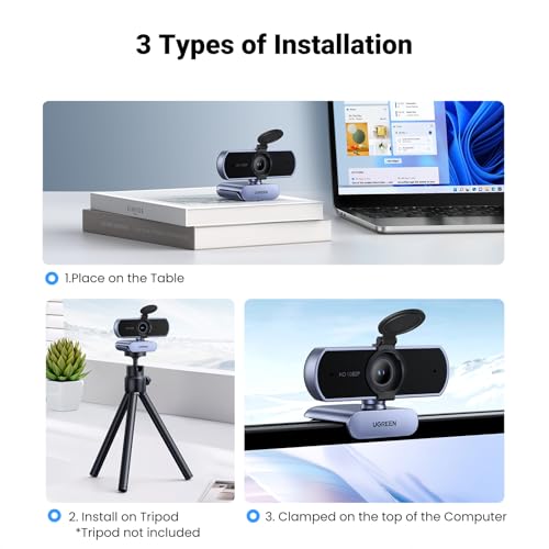 UGREEN Full HD 1080P Webcam with Microphone, 2 Noise-Canceling Mics, 85° Fov & Fixed Focus, Plug and Play, Auto Light Correction, Privacy Cover PC Camera for Zoom/Skype/Teams, Switch 2, Grey