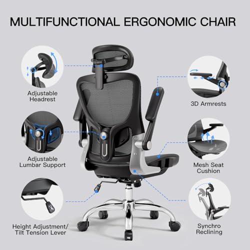 marrap Ergonomic Office Chair, Mesh Desk Chair with 3D Armrests, Adjustable Lumbar Support and Headrest, 90-120° Rocking Function, Black