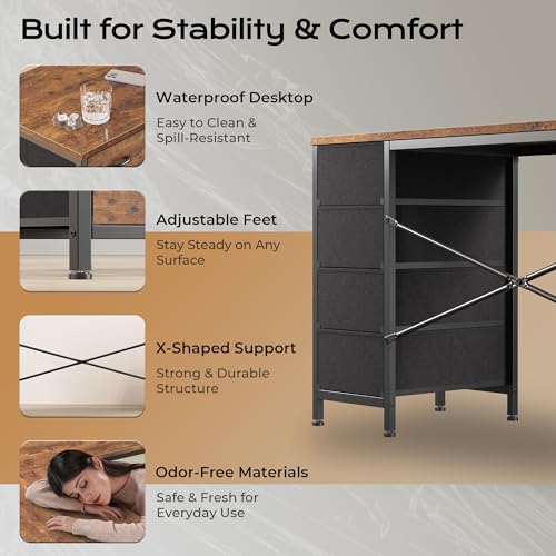 Huuger 55 Inch L Shaped Desk with Fabric Drawers, Reversible Computer Gaming Desk with Power Outlets and USB-C Port, Adjustable Side Storage Shelves, for Work Corner Home Office, Rustic Brown