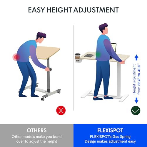 FLEXISPOT H7 Adjustable Overbed Bedside Table with Wheels Pneumatic Mobile Standing Desk Laptop Desk Rolling Computer Cart Movable Overbed Table Hospital Home Use(31.5" W x 17.7" D, White Wood Grain)