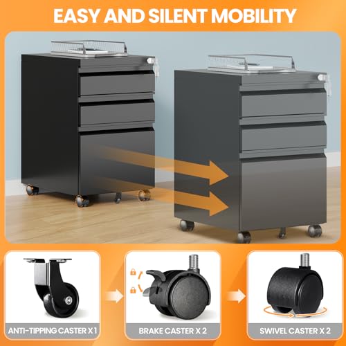 AFAIF 3 Drawer Mobile File Cabinet with Lock, Rolling Filing Cabinets for Home Office, Under Desk Small File Cabinet Three Drawers for Legal/Letter/A4 File, Black - Assembly Required