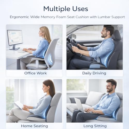 MOYEE Wide Memory Foam Seat Cushion with Lumbar Support for Office Chair & Car Seat, Ergonomic Design for Long Sitting, Gradual Relief & Lasting Support for Back, Tailbone & Sciatica Pain