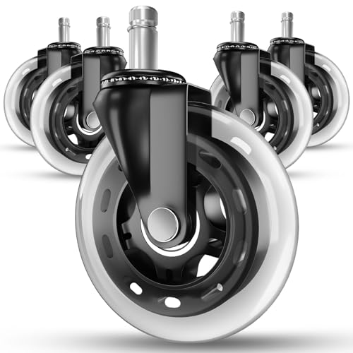 RIVEDA Office Chair Caster Wheels Set of 5 - Smooth 3 inch Heavy-Duty Replacement Rubber Wheels for Gaming & Desk Chair - Easy to Install, Suitable for Hardwood Floors, Carpet, Tiles (Clear)