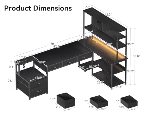 AODK 79 inch L Shaped Desk with 5 Drawers, Reversible L Shaped Gaming Desk with LED Light & 2 Power Outlets, Computer Desk with Storage Shelves for Home Office, Black