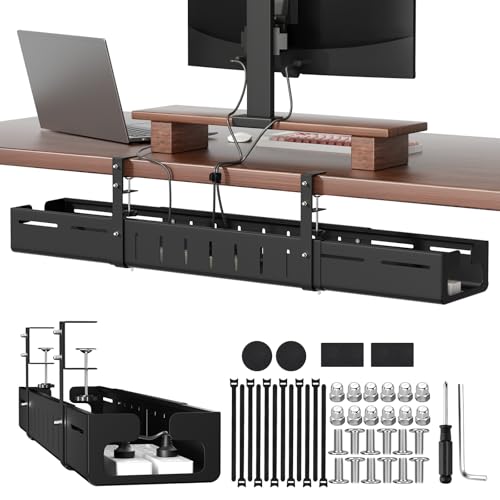 SUREUP9 Under Desk Cable Management Tray, Expandable 25.2"–38.6" Heavy Duty Carbon Steel with Clamp, Hidden Cord Organizer for Desk, Home Office & Standing Desk, No Drill Installation, Black