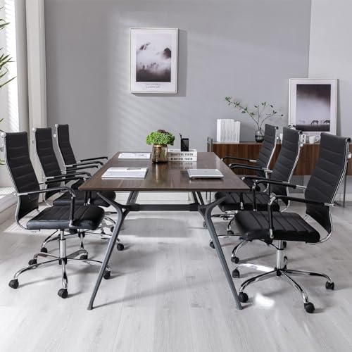 Walmokid Office Desk Chair with Wheels Set of 8, Ergonomic Black Leather Conference Room Chairs Height Adustable | Ribbed High Back | Swivel Rolling Task Chair, Black