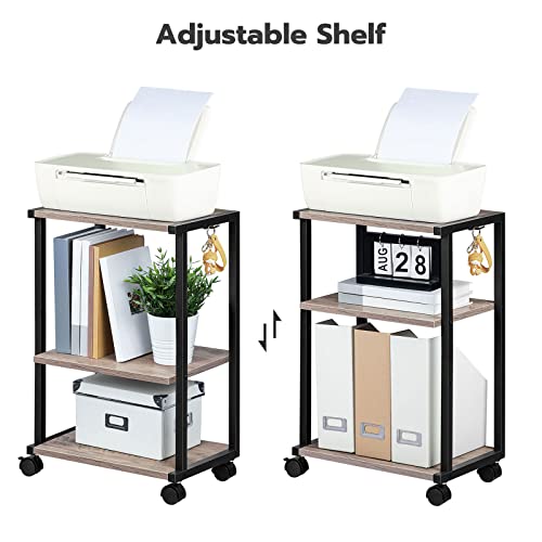 HOOBRO Mobile Printer Stand, 3-Tier Printer Cart Under Desk with Storage, Industrial Adjustable Rolling Cart, Sturdy Little Table on Wheels for Home Office BG28PS01N1