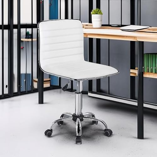 Yaheetech Adjustable Task Chair PU Leather Low Back Ribbed Armless Swivel White Desk Chair Office Chair Wheels