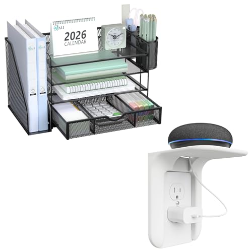WALI Bundles- Outlet Shelf Wall Holder and Desk File Organizer, 4 Tier Desktop Paper Letter Tray Organizer with Drawer and 2 Pen Holders (OLS001-W+DO005DH-B)