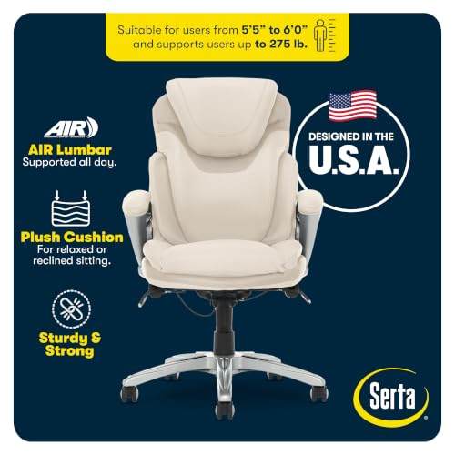 Serta Bryce Executive Office Chair - Ergonomic Computer DeskChair with Lumbar Technology - Adjustable Height - Memory Foam Body Pillows - 360° Swivel Rolling Base - Bonded Leather - Cream