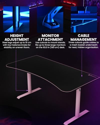 Arozzi Arena Large Gamer Desk - 63x32” Adjustable Height PC Gaming Desk with Storage for Cables & Triple-Monitor Support - Full-Surface Washable Mousepad - Pink