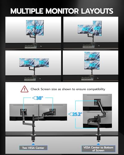 ARES WING Dual Monitor Mount - Ultrawide Monitor Arm for 40 34 32 27 Inch Heavy Duty Curved Screen Up to 26.4 lbs with Clamp/Grommet Desk Mount, 75/100 Vesa Mount, Black