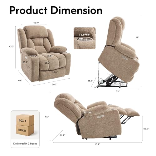 FLEXISPOT Power Lift Recliner Chair with Massage & Heat, Single Motor Lift Chair, Chenille Fabric Upholstery, USB/Type-C, Cup Holders, Side Pockets