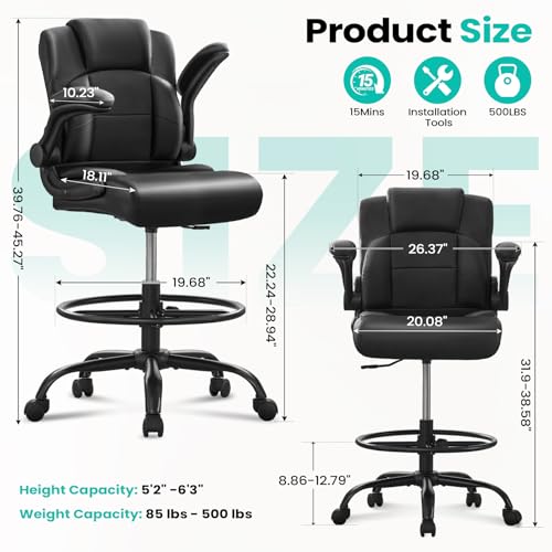 Drafting Chair, Tall Office Chair for Standing Desk, 500Lbs PU Leather Ergonomic Chair with 90 °Flip-up Armrests, Adjustable Foot Ring & Height, for Home, Drawing, or Counter Use(Black)