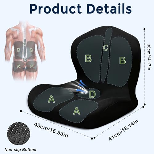 BANKQF Seat Cushion for Office Chair and Car, L-Shaped Ergonomic Car Seat Cushions, Memory Foam Chair Cushion, Lumbar Support Pillow for Wheelchair, Car, Home, Office, Desk, Black