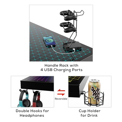 EUREKA ERGONOMIC RGB LED Gaming Desk, Music Sync Lights Up Tempered Glass Desktop, 43" GTG I43 Home Office Computer Table W Controller Rack 4 USB Charging Ports, APP Control