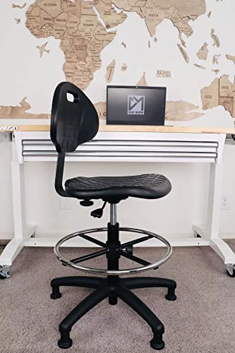 Chair Master Heavy Duty Durable Drafting Stool - Easy to Clean! Ergonomic Polyurethane Chair. Seat Height Adjustable w/Footring for Home, Automotive, Lab, Cleanroom (Non-Rolling Glides, Tall Stool).