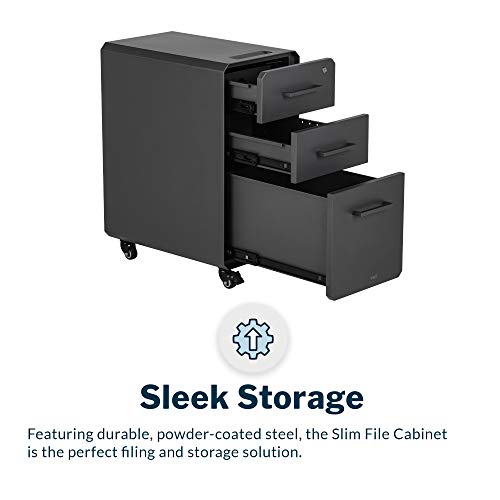 Vari Slim File Cabinet - Three Drawer Office Filing Cabinet, Modern Mobile Pedestal with Heavy-Duty Steel - Lockable Storage with Roll-and-Lock Caster Wheels - Home or Office - Charcoal Grey
