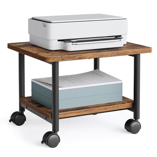 VASAGLE Printer Stand with Locking Wheels, Industrial Mobile Cart, Under Desk Printer Table for Home Office, 18.9 x 15.7 x 13.4 Inches, Storage Shelf, 2-Tier, Rustic Brown and Ink Black
