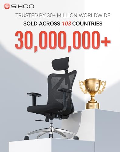 SIHOO M18 Ergonomic Office Chair, High Back Mesh Desk Chair with Adjustable Headrest & Lumbar Support, 330lbs Capacity Computer Chair with 2D Armrests & Wide Cushion, Tilt Lock, for Home Office-Black