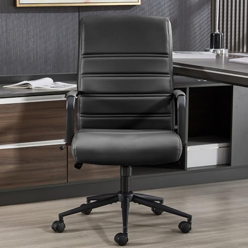 Office Desk Chair, Leather Conference Room Chairs with Wheels, Modern Executive Office Chairs Adjustable Height, Ergonomic Swivel Rolling Ribbed Computer Chair.