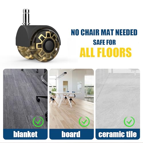 Office Chair casters,2 inch Replacement Desk Chair Wheels,Safe Quiet Rolling for Office Chair(Set of 5),Mute Rubber Rotating Desk Chair Caster Wheels, Safe for All Floors(Gold)