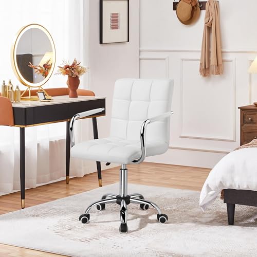 Yaheetech White Office Chair with Wheels and Armrests, Modern PU Leather Desk Chair, Mid-Back Adjustable Executive Chair, 360° Swivel