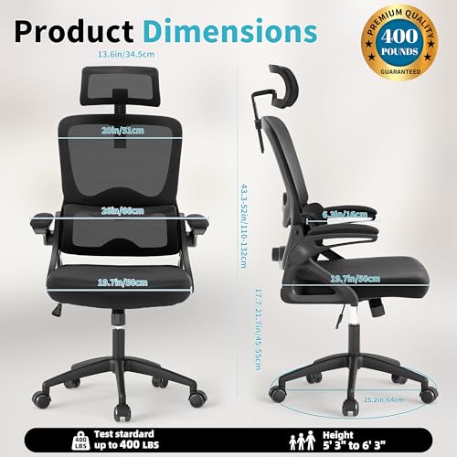 Nexthro Ergonomic Office Chair,Mesh Office Chair with Lumbar Support,High Back Desk Chair with Flip-up Arms,400 lbs Big and Tall Computer Chair with Headrest,Comfy Desk Chairs