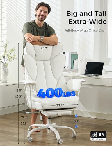 amseatec Big and Tall Office Desk Chair - Wide Ergonomic Executive with Footrest, High Back Lumbar Support Reclining Gaming Computer Chair for Heavy People (White)