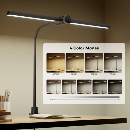 Honeywell Led Desk Lamp with Clamp - HJ4 Sunturalux™, Flexible Dual‑Head Clip‑On Gooseneck Desk Lamps for Home Office, 4 Color Temperature Modes, Stepless Dimming Eye Caring Computer Light, Black