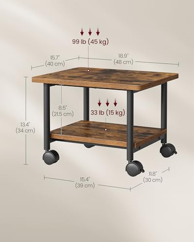 VASAGLE Printer Stand with Locking Wheels, Industrial Mobile Cart, Under Desk Printer Table for Home Office, 18.9 x 15.7 x 13.4 Inches, Storage Shelf, 2-Tier, Rustic Brown and Ink Black