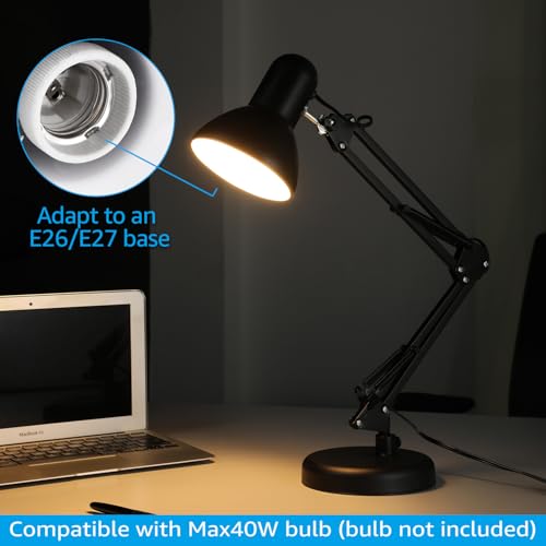 TORCHSTAR Metal Desk Lamp with Clamp, Swing Arm, Architect Adjustable Gooseneck Table Lamp, Clip Desk Lights for Home Office, Work, Study, Reading, E26 Base, Multi-Joint, Black