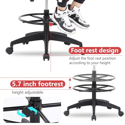 BestOffice Drafting Chair Tall Office Chair Adjustable Swivel Rolling Mesh Height with Lumbar Support Arms Footrest Mid Back for Adults Standing Desk Drafting Stool(Black)