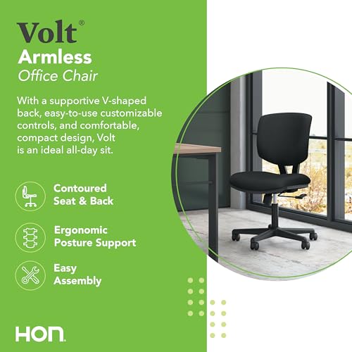 HON Volt Ergonomic Office Chair with Fabric Seat and Back, Armless Desk and Computer Chair with Adjustable Center‑Tilt Recline and Wheels for Home Office or Workstation, Black