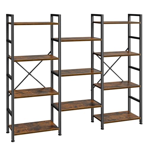 SUPERJARE Triple Bookshelf, Bookcase with 11 Open Display Shelves, Wide Book Shelf Book Case for Home & Office, 4 Tier, Brown,ABC009Z