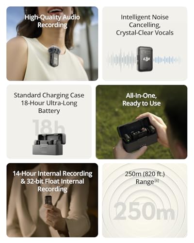 DJI Mic 2 (2 TX + 1 RX + Charging Case), All-in-one Wireless Microphone, Intelligent Noise Cancelling, 32-bit Float Internal Recording, 250m (820 ft.) Range, Microphone for iPhone, Android, Camera