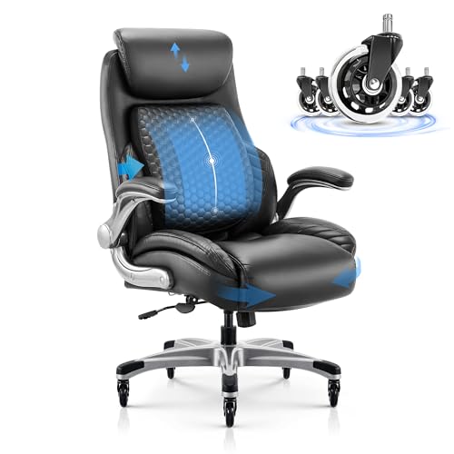 COLAMY Office Ergonomic Desk High Back Executive Chair with Pop-Out Lumbar Support, Upgraded Casters, Adjustable Headrest, Flip-Up Arms, Leather Home with Thick Cushion for Comfort - Black