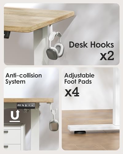 TIQLAB Electric Height Adjustable Standing Desk 47.2×23.6 inch, Sit Stand Desk with Splice Board, Memory Controller, White Frame & Maple Top Computer Workstation for Home Office