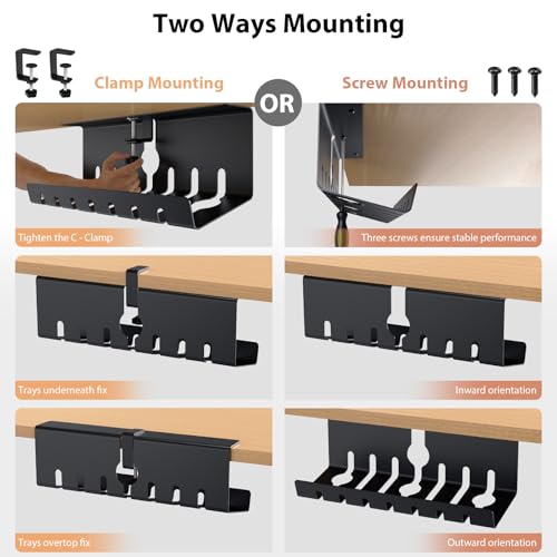 Syeeiex 17" Under Desk Cable Management Tray, No-Drill C-Clamp & Screw Mount, Heavy Duty Metal Cord Organizer with Cable Ties, for Office Home Workspace, Black