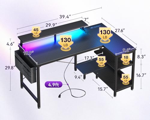 ODK 40 Inch Gaming Desk with USB Power Outlets and LED Lights, Reversible L Shaped Computer Desk with Storage Shelves & Monitor Stand, Corner Home Office Desk Table, Carbon Fiber Surface, Black