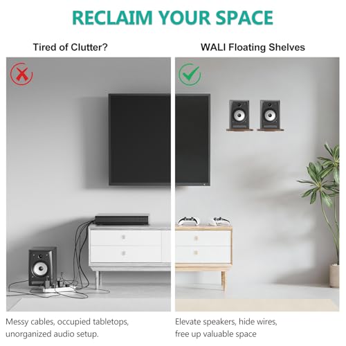 WALI Speaker Wall Mount, Heavy Duty Bookshelf Speaker Floating Wall Shelves, Surround Sound Speakers Stand for Living Room, Home Theater and Gaming Room, Holds up to 55 Lbs, (SWM302), 1 Pair, Wood