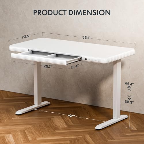 FLEXISPOT Comhar Electric Pure Glass Standing Desk with Drawer Desktop & USB Charge Ports, 48" Ergonomic Height Adjustable Sit to Stand Desk for Home Office (White, Glass)