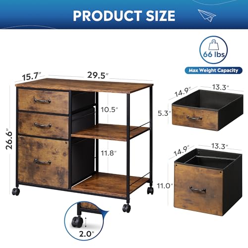 DEVAISE 3 Drawer Mobile File Cabinet, Rolling Printer Stand with Open Storage Shelf, Fabric Lateral Filing Cabinet fits A4 or Letter Size for Home Office, Rustic Brown Wood Grain Print