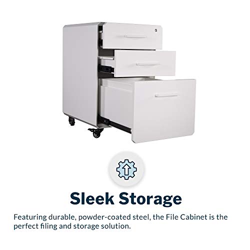 Vari File Cabinet for Office Storage with Three Drawers - Roll & Lock Caster Wheels (White)