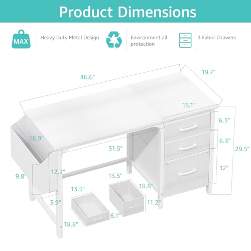 Lufeiya White Desk with File Drawers Cabinet, 47 Inch Reversible Computer Desk with Fabric Filing Cabinet for Bedroom Small Space Home Office, Modern Writing Table PC Desks, White